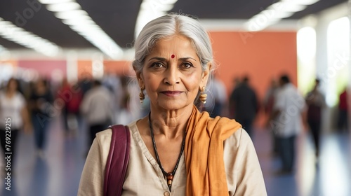 Beautiful elderly indian woman on work fair in exhibition hall job hunting looking at camera banner copy space template backdrop portrait from Generative AI