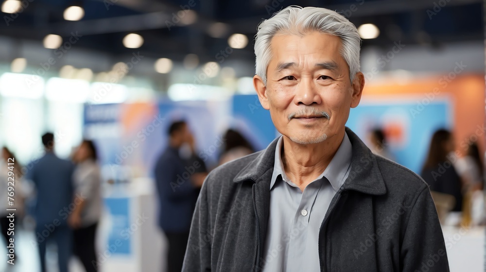 Handsome elderly asian man on work fair in exhibition hall job hunting looking at camera banner copy space template backdrop portrait from Generative AI Handsome elderly asian man on work fair in exhibition hall job hunting looking at camera banner copy space template backdrop portrait from Generative AI