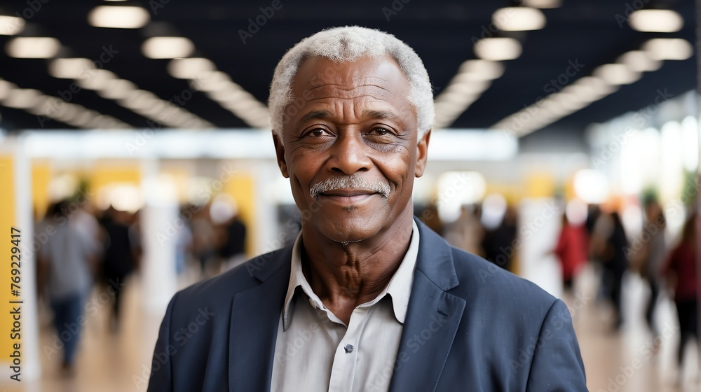 Handsome elderly black african man on work fair in exhibition hall job hunting looking at camera banner copy space template backdrop portrait from Generative AI Handsome elderly black african man on work fair in exhibition hall job hunting looking at camera banner copy space template backdrop portrait from Generative AI