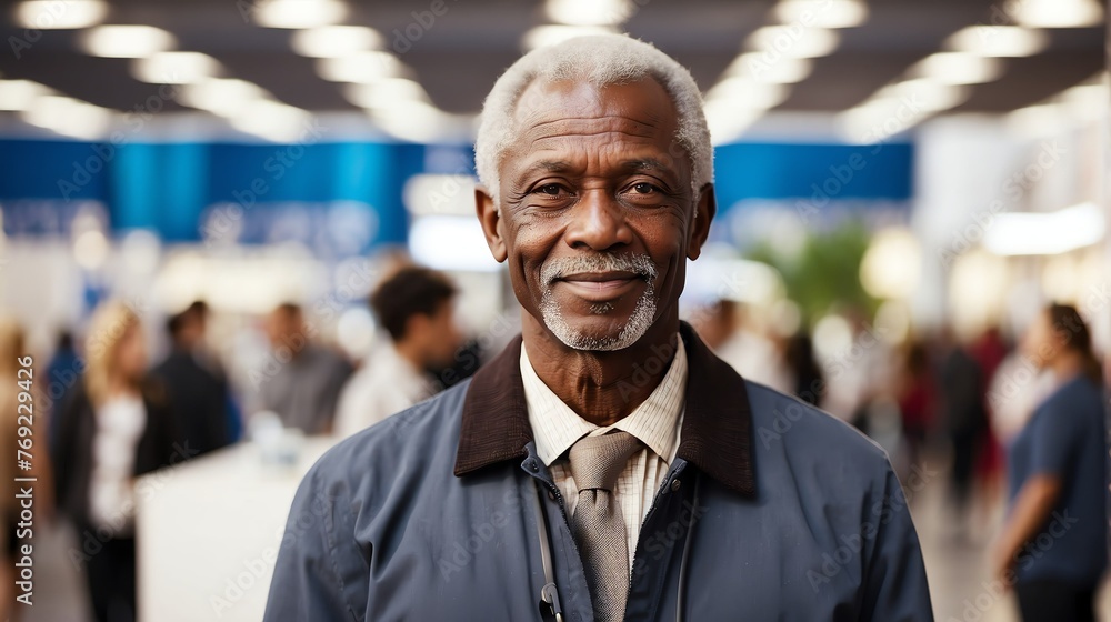 Handsome elderly black african man on work fair in exhibition hall job hunting looking at camera banner copy space template backdrop portrait from Generative AI Handsome elderly black african man on work fair in exhibition hall job hunting looking at camera banner copy space template backdrop portrait from Generative AI