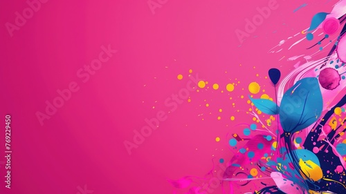 Vibrant abstract art on a vivid pink background with splashes of blue, purple, and yellow.