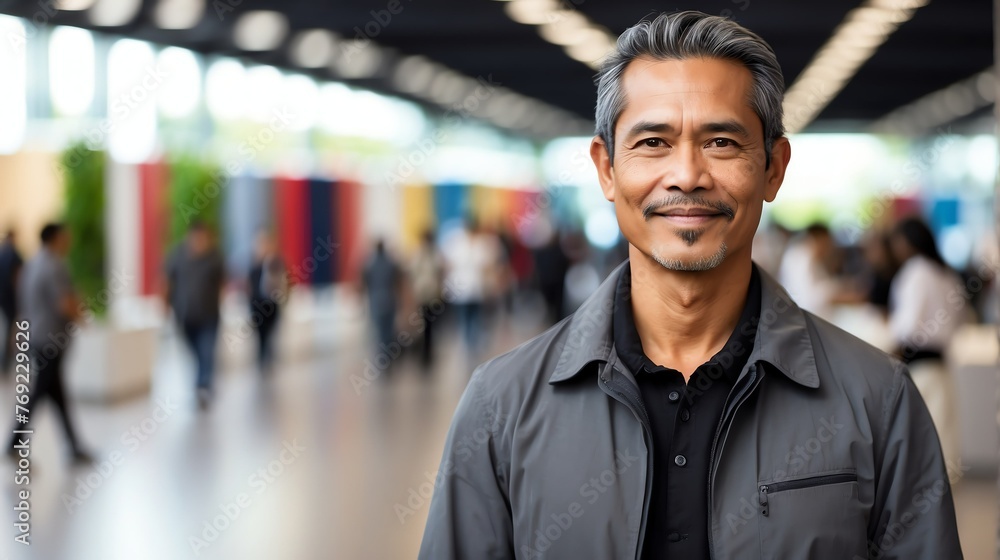 Handsome middle aged indonesian man on work fair in exhibition hall job hunting looking at camera banner copy space template backdrop portrait from Generative AI Handsome middle aged indonesian man on work fair in exhibition hall job hunting looking at camera banner copy space template backdrop portrait from Generative AI