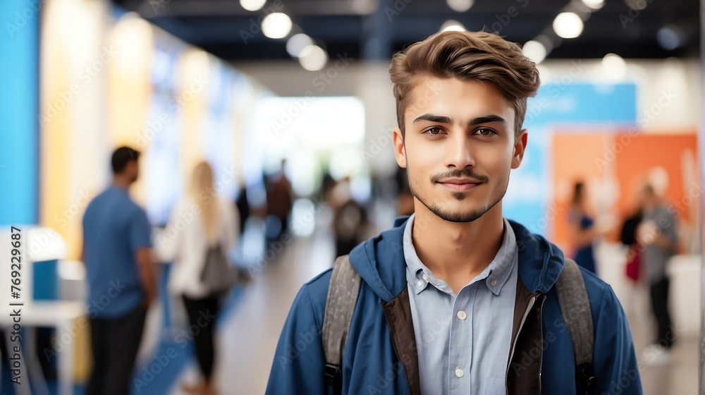 Fototapeta premium Young attractive boy on work fair in exhibition hall job hunting looking at camera banner copy space template bac from Generative AI