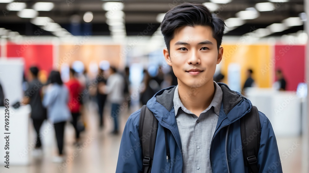 Young attractive asian boy on work fair in exhibition hall job hunting looking at camera banner copy space template bac from Generative AI Young attractive asian boy on work fair in exhibition hall job hunting looking at camera banner copy space template bac from Generative AI