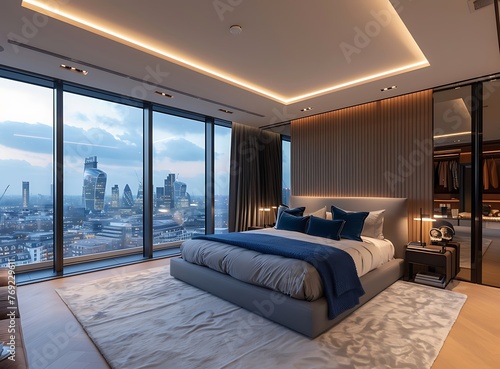 Beautiful bedroom interior design of a luxury modern apartment with a large window and view of the London cityscape, in a minimal style, with wooden floors, white walls, grey and blue furniture
