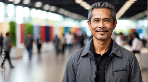 Handsome middle aged indonesian man on work fair in exhibition hall job hunting looking at camera banner copy space template backdrop portrait from Generative AI