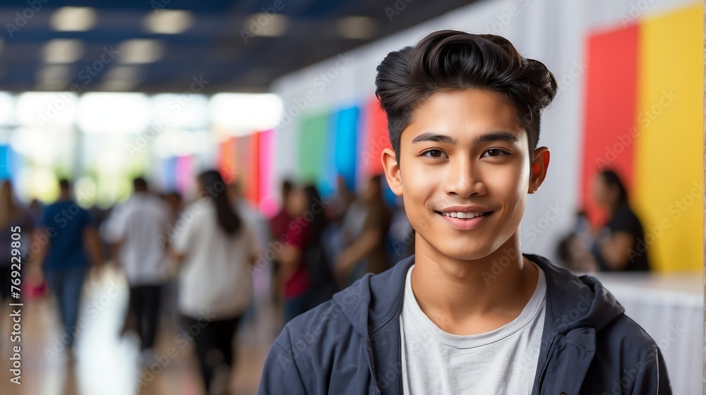 Young attractive filipino boy on work fair in exhibition hall job hunting looking at camera banner copy space template bac from Generative AI Young attractive filipino boy on work fair in exhibition hall job hunting looking at camera banner copy space template bac from Generative AI