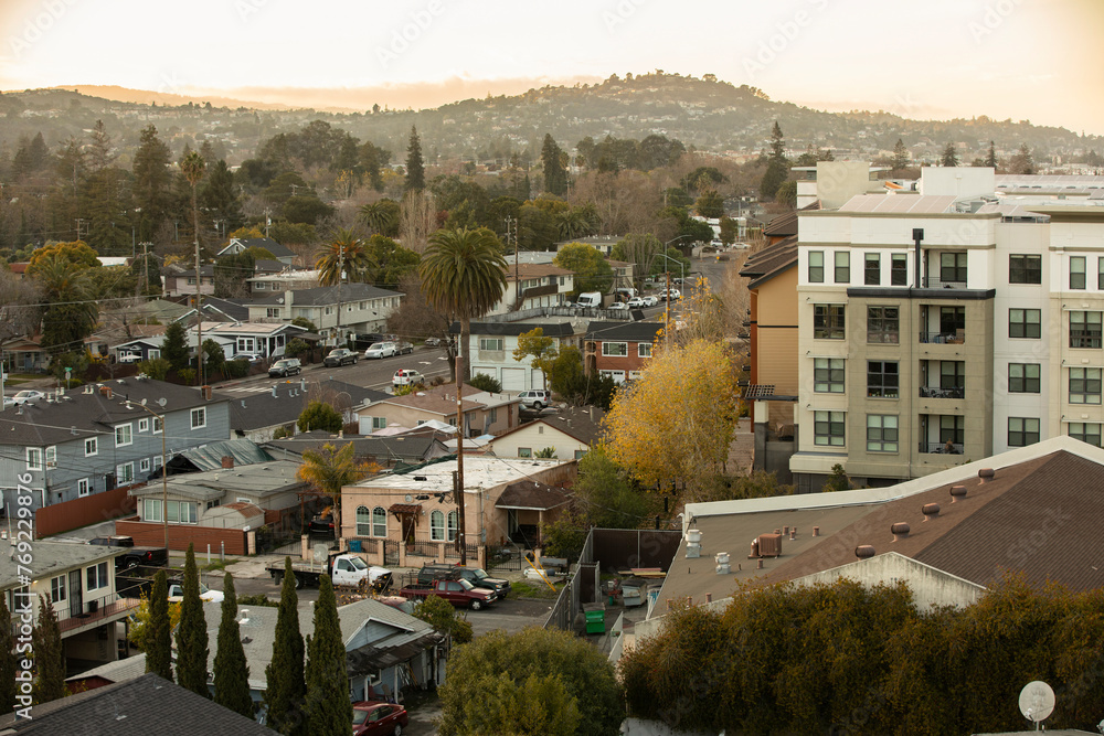 Sunset view of a dense housing neighborhood of Redwood City, California, USA.
