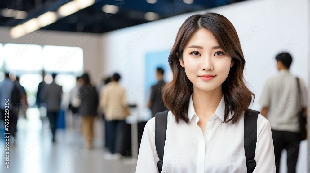 Fototapeta premium Young attractive japanese girl on work fair in exhibition hall job hunting looking at camera banner copy space template bac from Generative AI