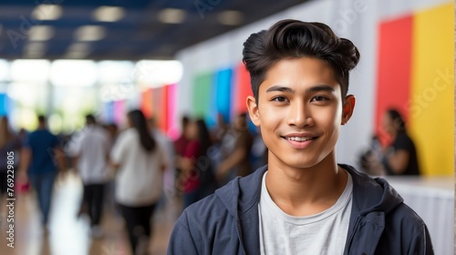 Young attractive filipino boy on work fair in exhibition hall job hunting looking at camera banner copy space template bac from Generative AI © Arceli