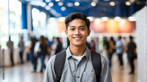 Young attractive filipino boy on work fair in exhibition hall job hunting looking at camera banner copy space template bac from Generative AI © Arceli
