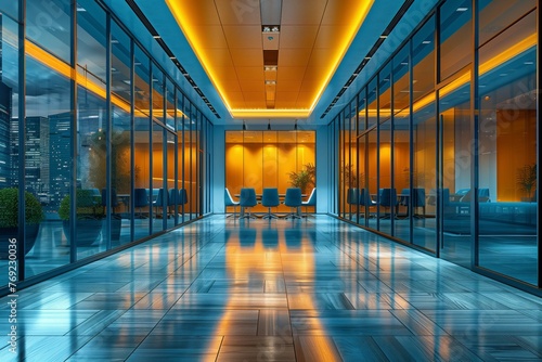 The building features a long hallway with azuretinted windows and electric blue lighting fixtures on the ceiling, creating a symmetrical and artfilled space in the city photo