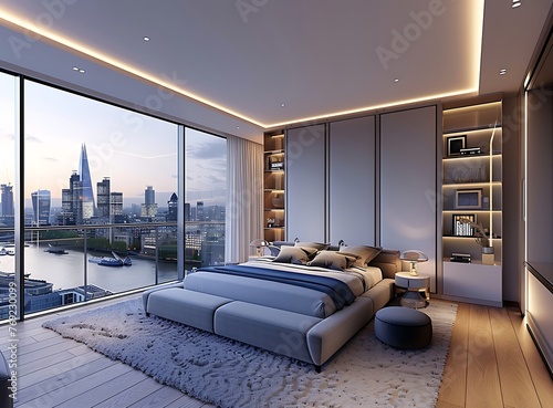 Beautiful bedroom interior design of a luxury modern apartment with a large window and view of the London cityscape, in a minimal style, with wooden floors, white walls, grey and blue furniture