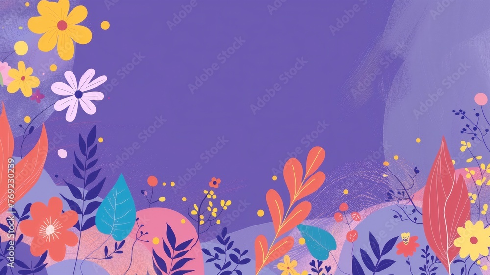 Colorful illustrated floral background with a blend of purple and blue hues various types flowers leaves.