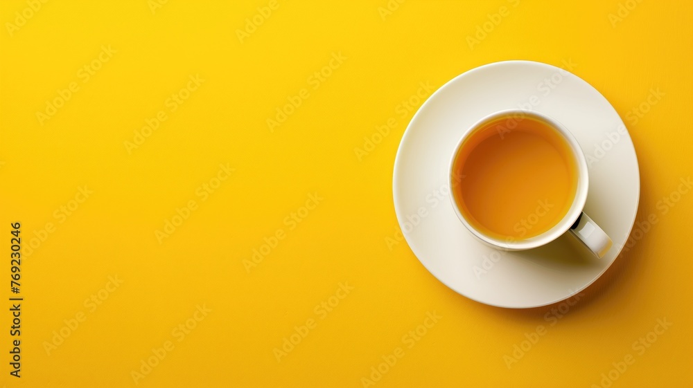 A white cup with tea on a saucer, placed bright yellow background.