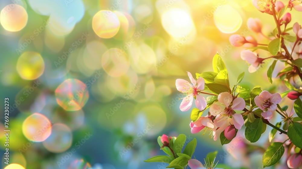 Blossoming pink flowers on a branch with sunlit bokeh background.