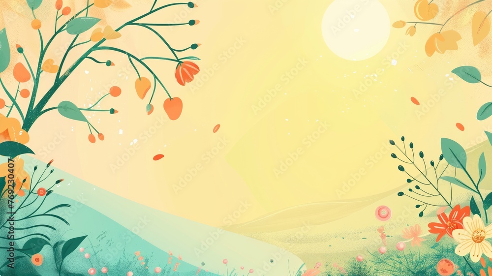 A whimsical and vibrant illustration of a floral landscape with pastel color palette.