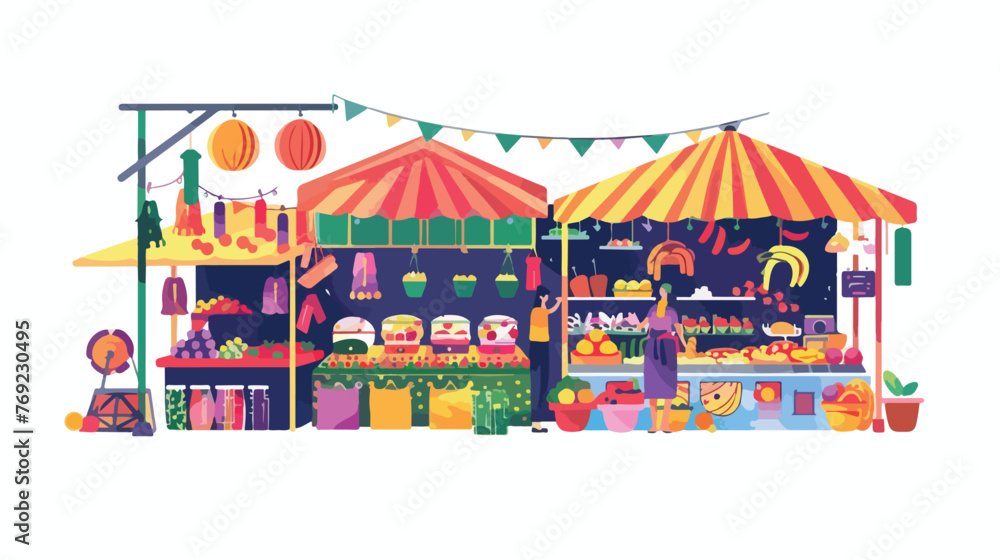 A vibrant market with colorful stalls 