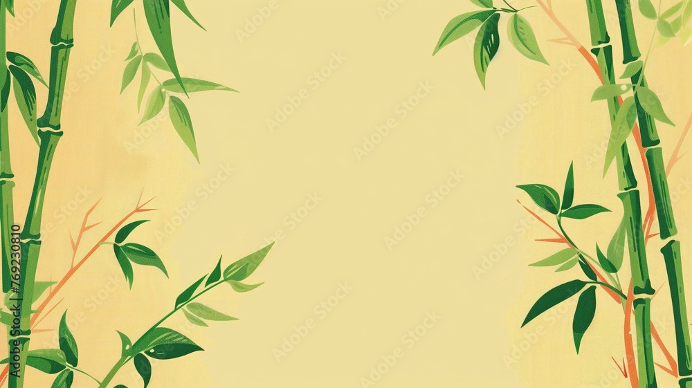 Fototapeta premium An illustrated background featuring bamboo stems and leaves in a stylized design, on textured beige backdrop.