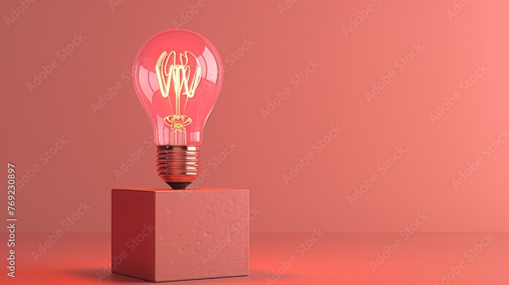 Bright light bulb on block with space for text placement on solid color background Bright light bulb on block with space for text placement on solid color background