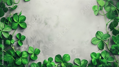 Vibrant green clover leaves arranged on a textured grey background with ample copy space in the center.