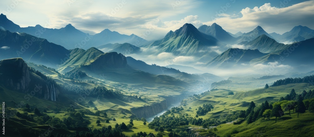 Landscape with mountains and river in the morning.