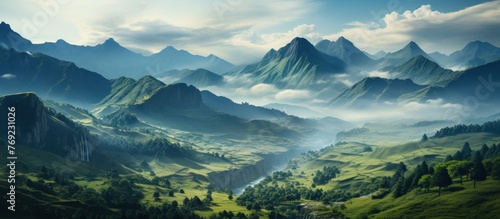 Landscape with mountains and river in the morning.