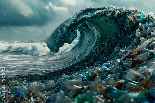 Ocean wave full of plastic bottles and trash