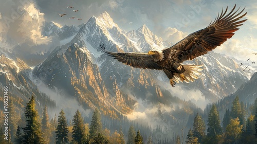 Bird in Falconiformes family soars over mountain range
