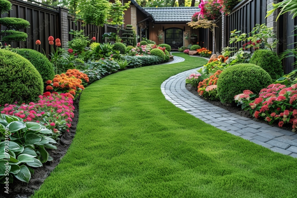 Fototapeta premium A verdant yard teeming with vibrant flowers and lush bushes, creating a serene and picturesque oasis of natural beauty