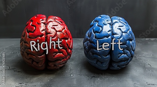 Two human brains, one colored in red with the word 'Right' and the other in blue with 'Left', symbolizing the ideological divide in politics and thought processes.