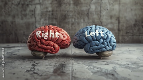 Two human brains, one colored in red with the word 'Right' and the other in blue with 'Left', symbolizing the ideological divide in politics and thought processes. photo