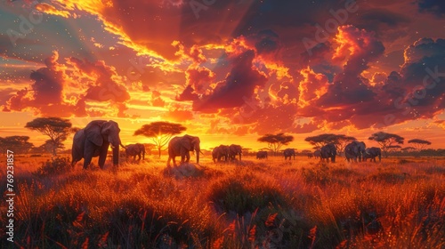 Elephants gather in field as red sky fades into afterglow