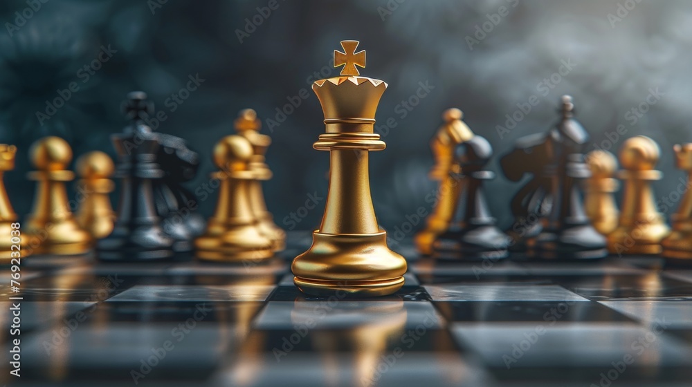 Monarch chess piece on board symbolizing success, leadership in business strategy Monarch chess piece on board symbolizing success, leadership in business strategy