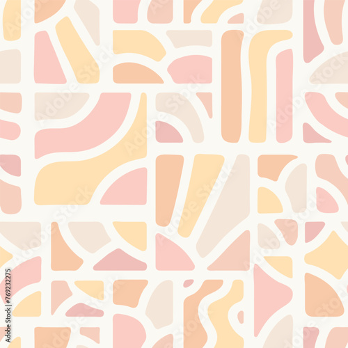 Retro abstract wallpaper print. Soft geometric shapes home decor design inspired by Scandinavian and Mid-century aesthetics. Groovy seamless pattern in pastel tones. Vector illustration