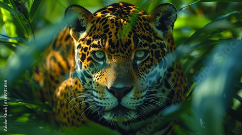a close up of a jaguar looking through the leaves of a tree
