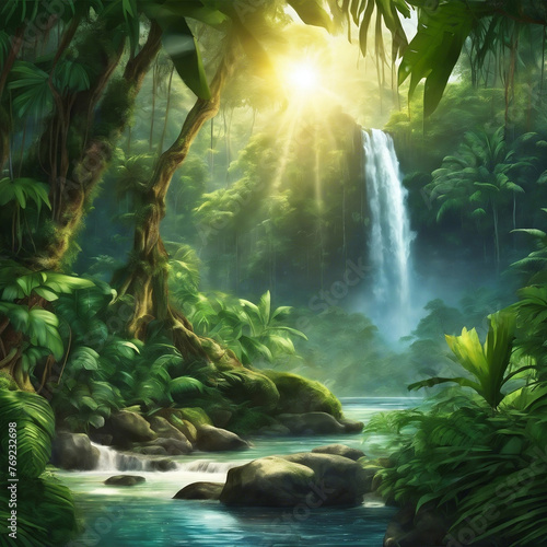 Beautiful waterfall in a lush jungle  with sunlight shining through the trees  serene  peaceful  tropical  jungle landscape  high detail
