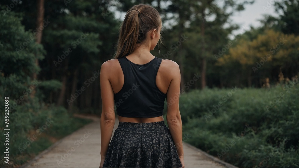 A cute athletic girl seen from behind, wearing a short skirt and a black top. A cute athletic girl seen from behind, wearing a short skirt and a black top.