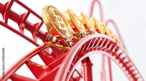 A digital illustration showcasing Bitcoin tokens on a red roller coaster, symbolizing the extreme ups and downs of cryptocurrency market volatility.