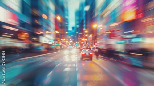 City streetscape at night capturing vibrant essence of urban travel busy road filled with motion by car lights lively scene of downtown life perfect for dynamic nature of city transportation © JovialFox