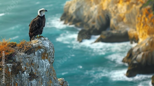 Accipitridae bird perched on cliff above ocean, overlooking liquid landscape