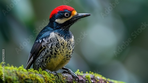 Acorn Woodpecker, Beautiful Bird Sitting on the Green Mossy Branch in Wild Nature Costa Rica. Birdwatching in America. Woodpecker from Costa Rica Mountain  Rainy Forest - Generative AI
