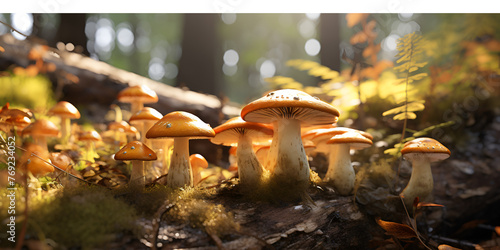 Mushrooms on a log in a forest , Natural Forest Composition: Mushrooms and Fallen Log AI Generative  © Ubaid