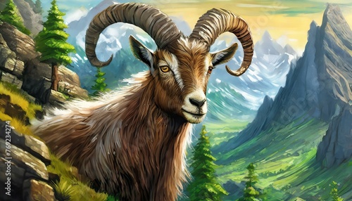 A robust goat with fur like a tapestry of mountain landscapes, complete with miniature trees  photo