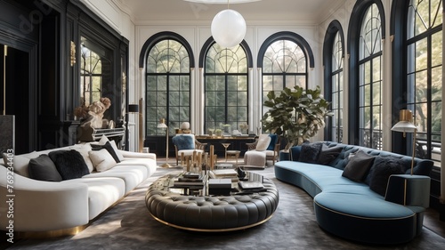  Discover a luxurious Hollywood Regency living room adorned with a modern Art Deco twist, showcasing a curved sofa and velvet pouf,