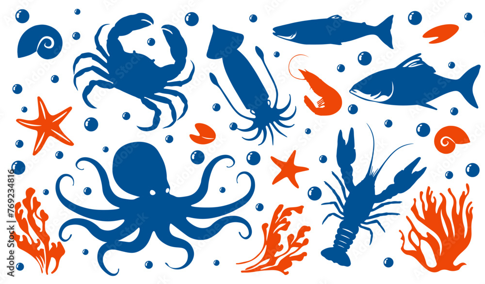 Fototapeta premium Set of Seafood silhouettes
