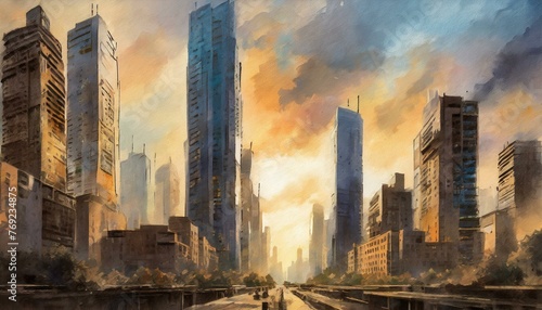 A vast, abandoned city with towering, crumbling skyscrapers under a pre-dawn sky. 