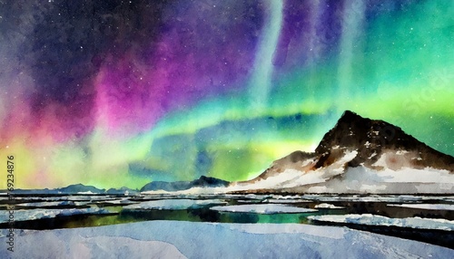 A desolate, icy landscape under a vibrant aurora borealis. The contrast between the cold