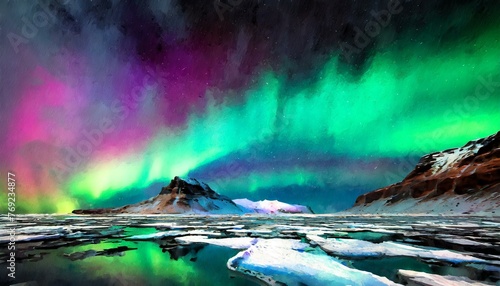 A desolate, icy landscape under a vibrant aurora borealis. The contrast between the cold