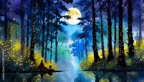 A mystical, dense forest bathed in moonlight, with ethereal creatures subtly visible 